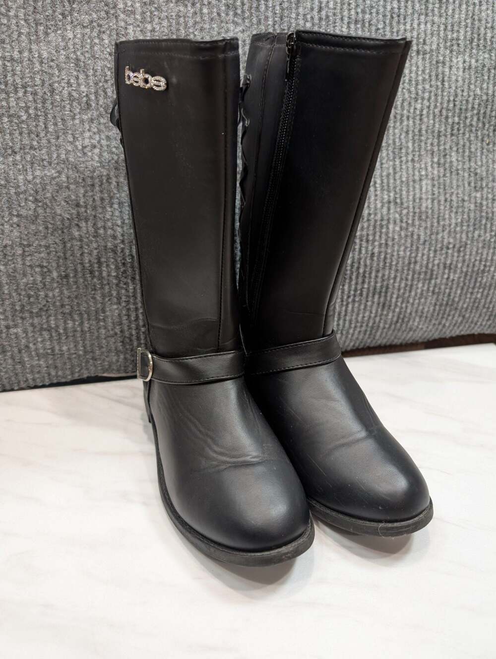 Bebe Girls Tall Black Riding Boots with Side Lace-Up Detail and Buckle